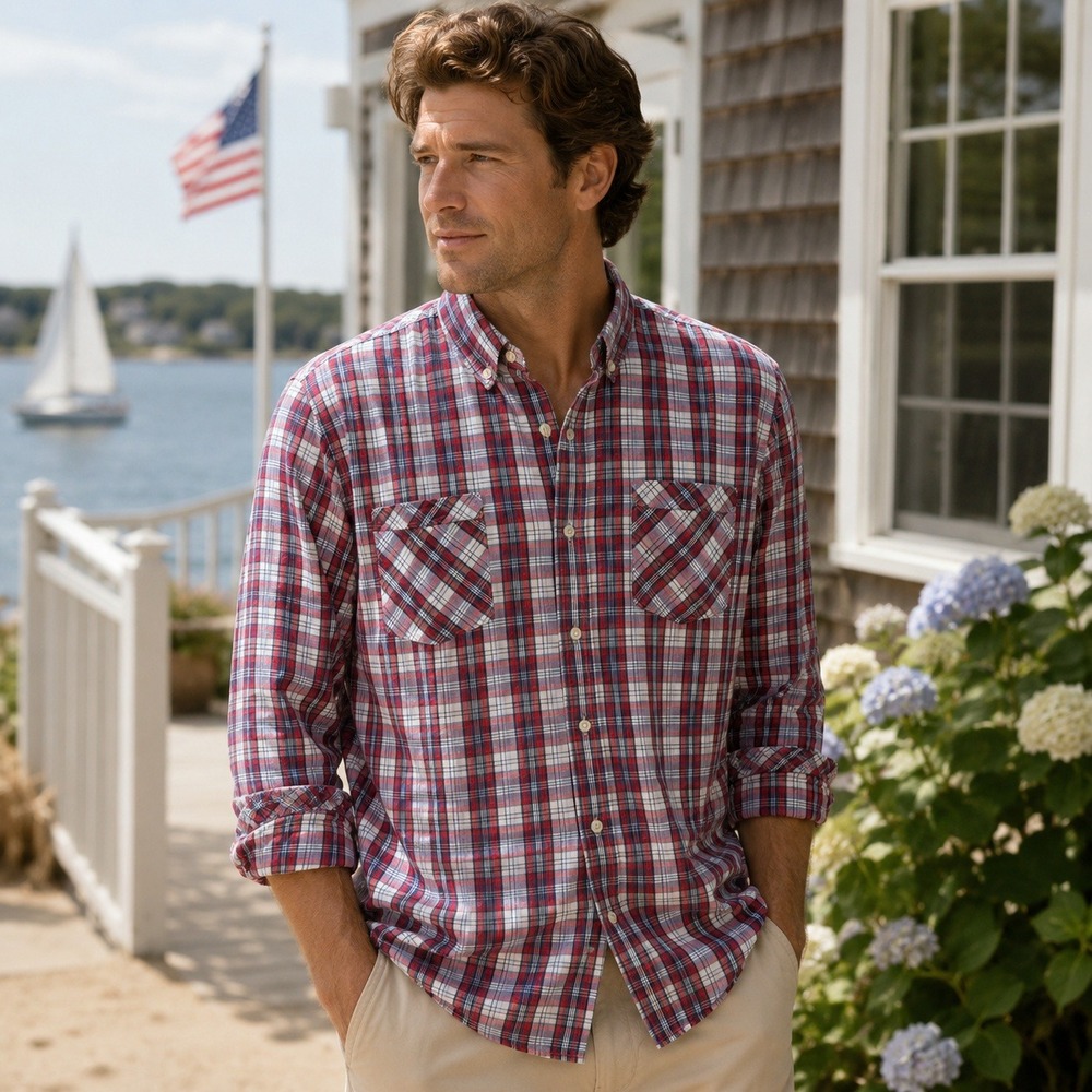 Warp and Weft Plaid Button Down Shirt Sz XL Red White Blue Cotton Preppy Coastal